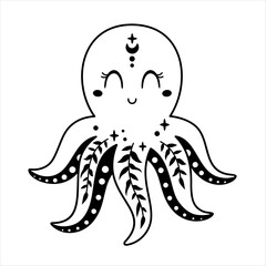 Black and white octopus isolated cartoon sea doodle. Ocean animal hand drawn vector illustration in flat style
