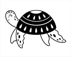 Black and white turtle isolated cartoon sea doodle. Ocean animal hand drawn vector illustration in flat style