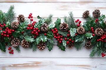 Festive Christmas Background with Holly Pinecones Berries and Snowflakes on Rustic White Wooden Board