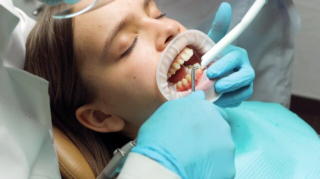 A dental professional uses suction and rinsing tools to remove etching gel from a teenage patients enamel after preparation for clear aligner bonding, during a modern orthodontic procedure