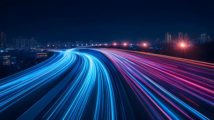 Fototapeta premium Luminous blue lines speed. Neon color glowing lines background, high-speed light trails effect. Futuristic dynamic motion technology