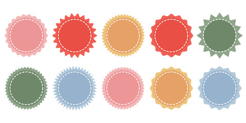 Badge star, sticker starburst shape, sale price tag, colorful sun, circle label, round discount icon isolated on white background
