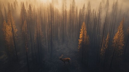 Aerial view of the regeneration of forests after fires. Tender green shoots appear among the charred trees, and a deer drinks water from a rejuvenated stream.