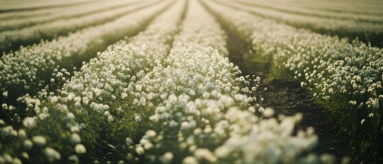 A picturesque rural landscape with a vast field filled with rows of delicate white flowers in full bloom under a serene spring sky