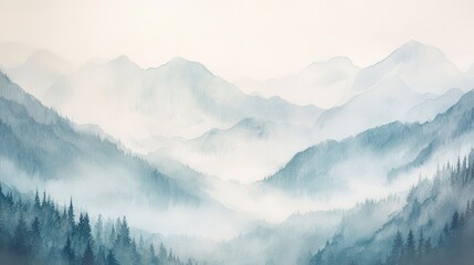 Watercolor of landscape forest misty mountains horizon and fog and hills,pine tree fir tree,Autumn forest background,drawn by hand,Autumn illustration design elements for landscape,wallpaper.