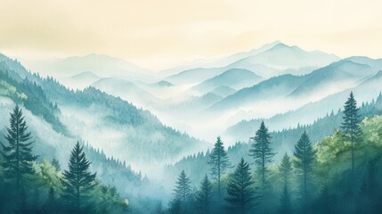 Fototapeta premium Watercolor of landscape forest misty mountains horizon and fog and hills,pine tree fir tree,Autumn forest background,drawn by hand,Autumn illustration design elements for landscape,wallpaper.