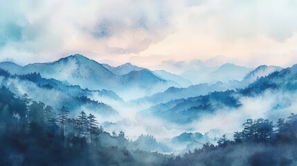 Watercolor of landscape forest misty mountains horizon and fog and hills,pine tree fir tree,Autumn forest background,drawn by hand,Autumn illustration design elements for landscape,wallpaper.