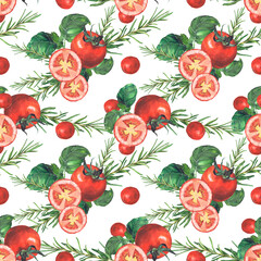 Watercolor seamless pattern with vegetables. Hand-drawn isolated clip art on a white background. Bright and juicy pictures of realistic vegetables for menus, signs, packaging, textiles, printed