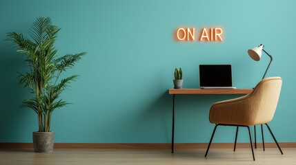Bright Home Office Setting with Plant and Modern Desk Featuring 'On Air' Neon Sign Against Turquoise Wall