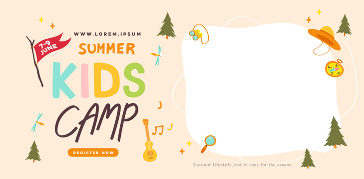Summer camp for kids poster banner nature background with Summer camp adventure activities set