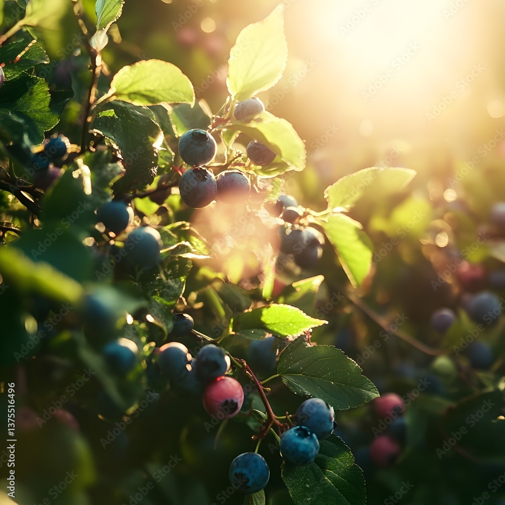 Poster close up view of an array of ripe colorful berries such as blueberries and blackberries growing on a