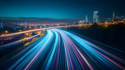 Luminous blue lines speed. Neon color glowing lines background, high-speed light trails effect. Futuristic dynamic motion technology