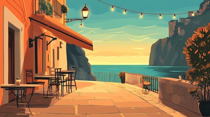 Fototapeta premium Coastal Village Pathway at Sunset with Illuminated Lights and Serene Sea View