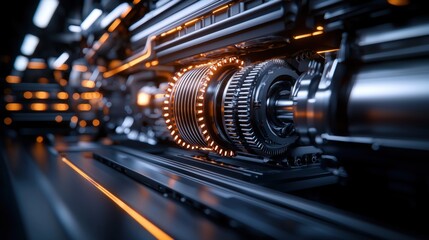 Obraz premium A close-up view of a complex mechanical system featuring gears and illuminated components, showcasing advanced engineering and design.