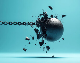 Fototapeta premium dynamic 3D illustration of broken black sphere being propelled by chain, creating explosion of debris against vibrant turquoise background. image conveys sense of power and destruction