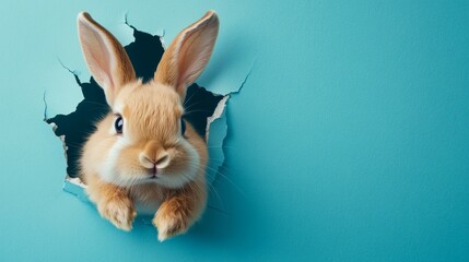Obraz premium Fluffy eared bunny peeking through a torn hole in a blue wall for an easter celebration banner