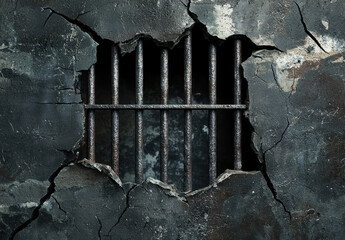 3D render of metal prison bars visible through cracked wall, creating dramatic and intense atmosphere. scene evokes feelings of confinement and escape