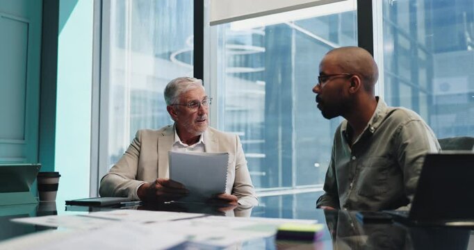 Paperwork, mentor and business men in discussion for financial training, planning and coaching. Team, document and manager talking intern in office for investment meeting, help and project feedback