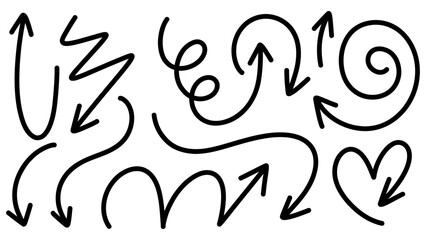 Set arrows pointing in different directions handwritten calligraphy isolated on white background , Flat Modern design, illustration Vector EPS 10