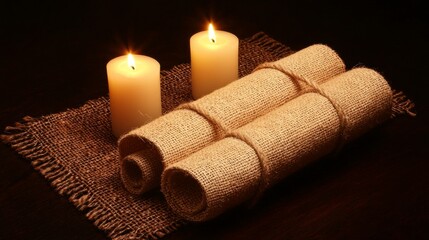 Ancient scroll with philosophical writings illuminated by candlelight, symbolizing deep wisdom, knowledge, and introspection