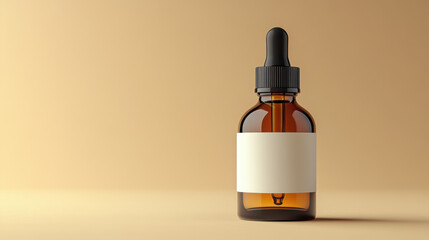 Naklejka premium Amber glass dropper bottle with blank white label, ideal for essential oils or serums, set against warm beige background, creating calming and minimalist aesthetic