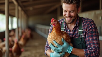 Smiling farmer holding hen in barn with chickens in background