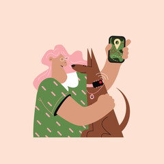 Dog wearing GPS tracking device on collar for safety and adventure, dog health monitoring tag technology. Satellite pet tracker Collar with location detector application