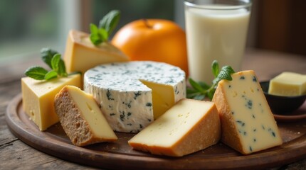 Assorted cheeses with blue cheese, orange, and milk on wooden platter