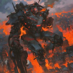 A giant robotic machine stands amidst a city ablaze, showcasing a dystopian future.