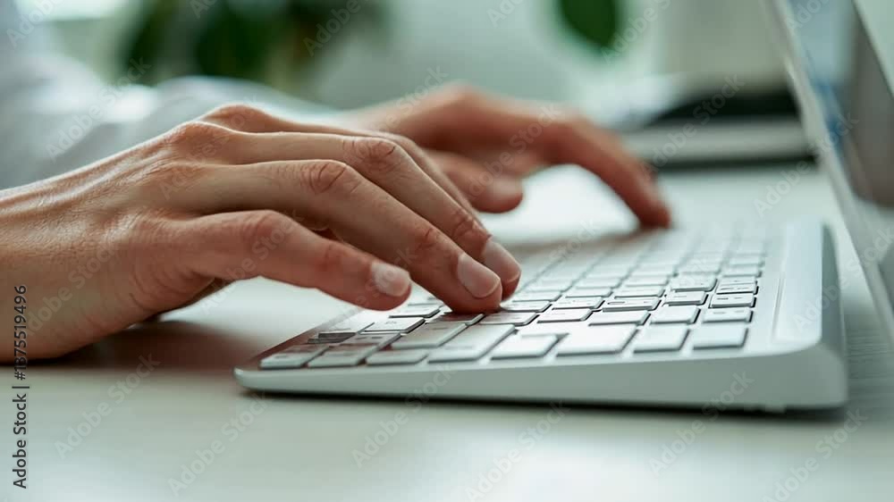 Poster close-up of hands typing on a wireless keyboard during work or communication