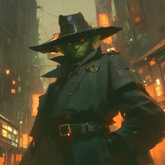 A mysterious figure clad in a trench coat and hat stands in a vibrant urban setting.