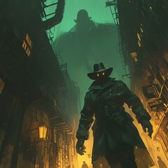 A mysterious figure in a dark alley under eerie lighting, evoking suspense and intrigue.