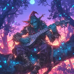 A mystical goblin strumming a lute under a colorful twilight sky with glowing butterflies.