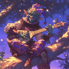 A whimsical goblin musician playing a lute on a tree branch at twilight.