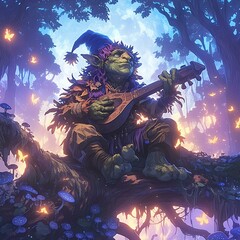 A whimsical goblin playing a lute in a magical forest filled with glowing butterflies.