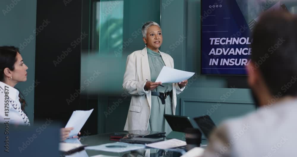 Aufkleber business documents, presentation and people with screen for ai development, data analytics or planni