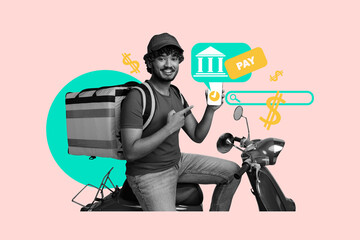 Creative full art collage of happy courier man ride scooter moped hold phone ebank notification dollar transaction postal worker