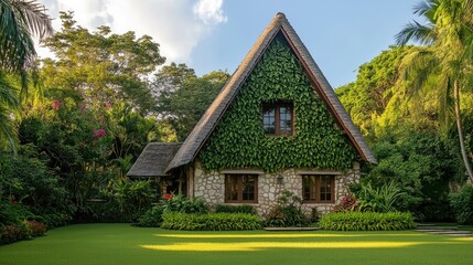 A quaint stone house with a steep triangular roof stands wrapped in ivy, nestled in peaceful greenery.

