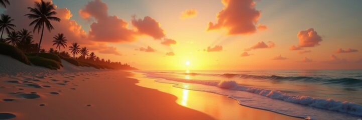 Obraz premium A tropical beach at sunset, with palm trees, golden sand, and gentle waves