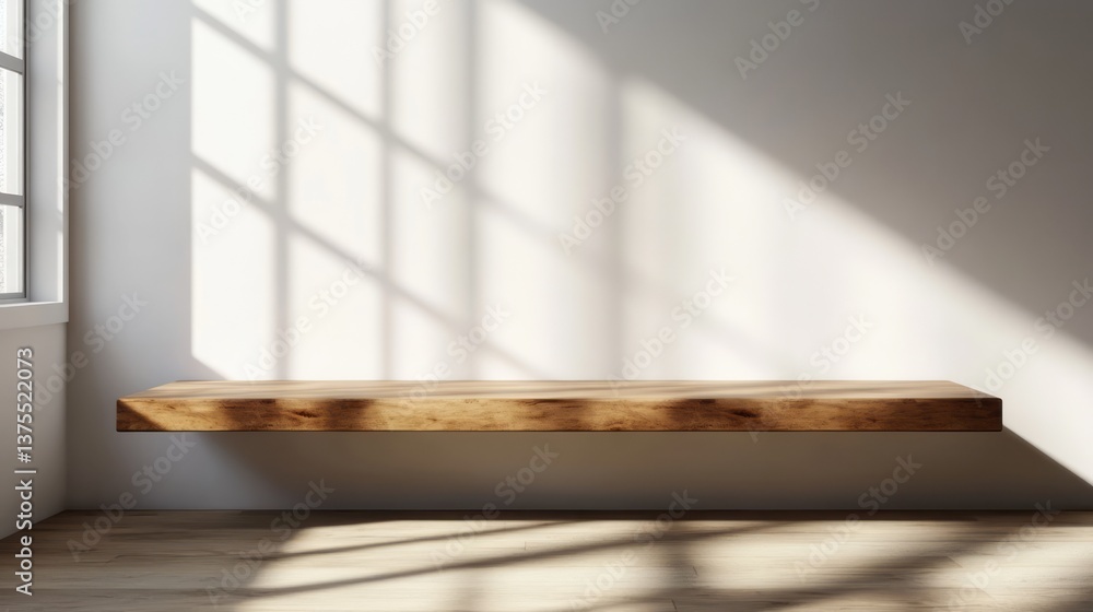 Poster wooden shelf by window with light and shadow patterns