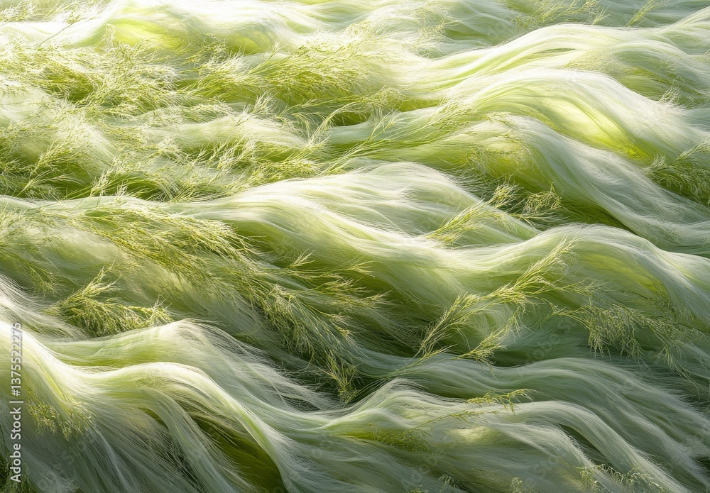 Poster the image is of a field of green grass with a lot of white and yellow specks. the grass is waving in