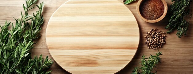 Wooden Cutting Board with Fresh Herbs and Spices