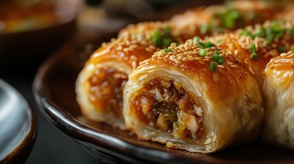 Delicate, golden layers peel back to reveal a rich filling, capturing the pastry’s irresistible texture and craftsmanship.

