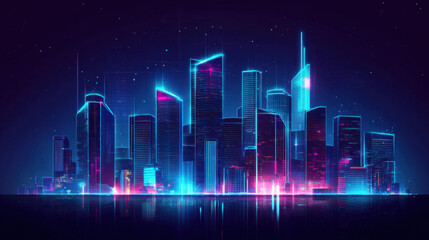 Futuristic City Skyline with Neon Lights and Digital Elements