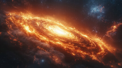 Fototapeta premium stunning galaxy with fiery orange and yellow hues swirling around bright core, set against backdrop of deep space. This captivating scene evokes sense of wonder and awe