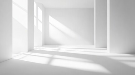 Obraz premium A large, empty room with white walls and white floor. The room is illuminated by sunlight coming in through the windows. The room is very spacious and has a clean, minimalist feel to it