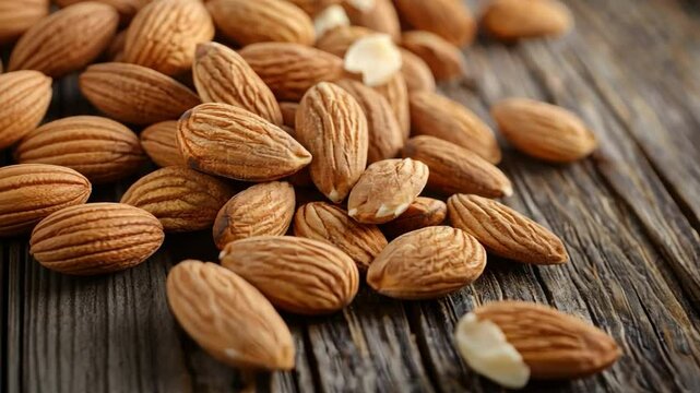 Almonds on Rustic Wood: A close-up, appetizing view of shelled almonds, spilling across a rough, aged wooden surface, suggesting natural ingredients and healthy snacking