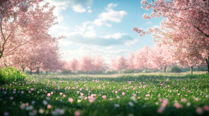 Fototapeta premium breathtaking spring landscape featuring lush field adorned with blooming cherry blossom trees, vibrant flowers, and serene sky, evoking sense of tranquility and beauty