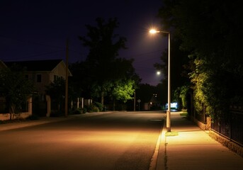 Quiet residential street at night with streetlights illuminating sidewalk and trees