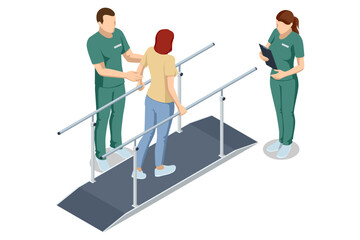 Isometric vector illustration of a female patient practicing walking using parallel bars with assistance from two rehabilitation specialists.